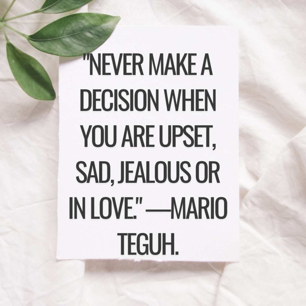 "Never make a decision when you are upset, sad, jealous or in love." —Mario Teguh.